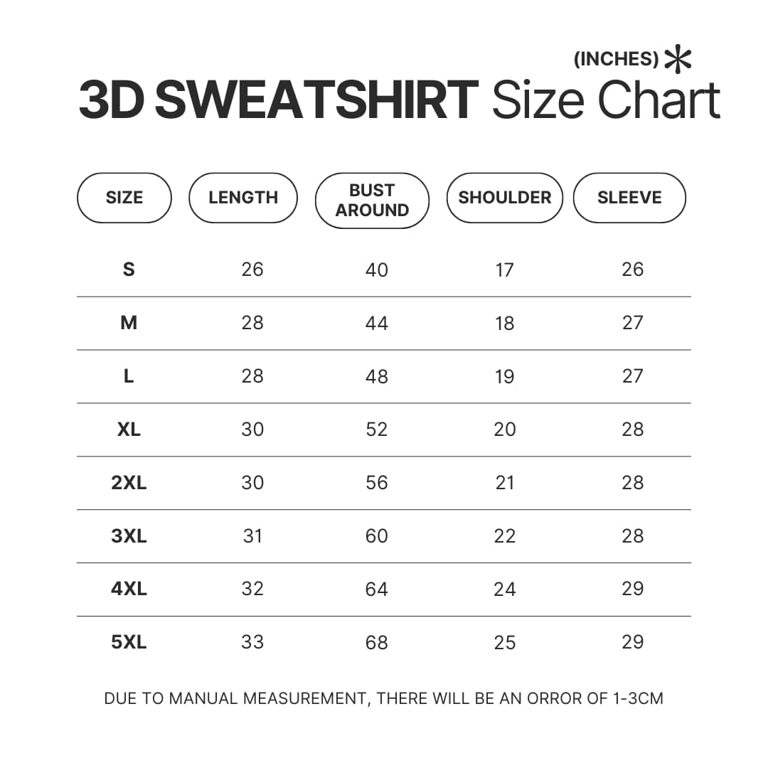 3D Sweatshirt Size Chart - Anime Sweater Store